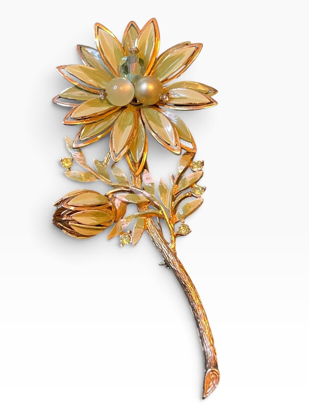 Vintage Gold-Tone Faux Pearl Green Enamel Metal Flower Brooch